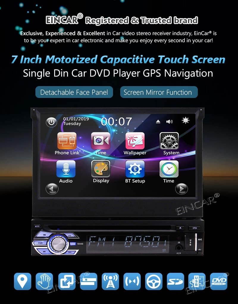 EinCar Single Din Car Stereo GPS Radio Bluetooth CD DVD Player System in Dash AM FM Retractable HD Touch Screen Detachable Front Panel Head Unit Support SWC Remote Control + Rear View Camera