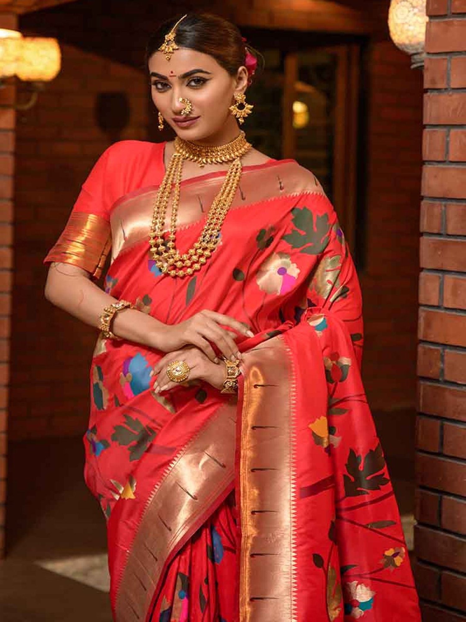 SHUBHKALA Red Silk Woven Saree With Unstitched Blouse