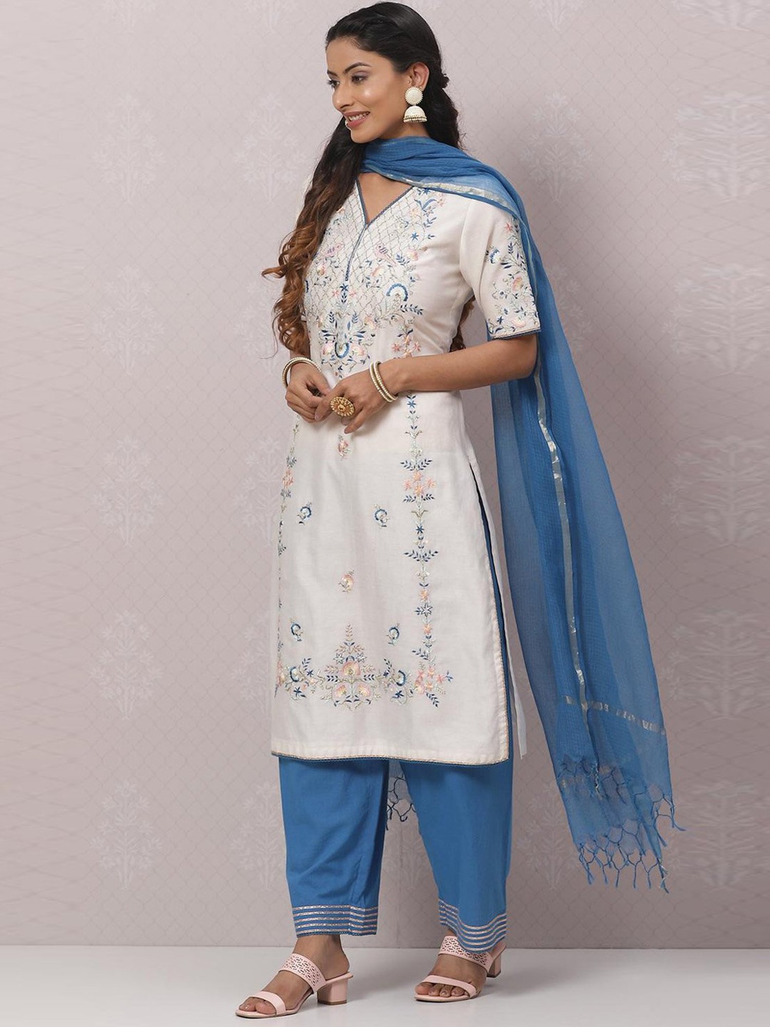 Biba White & Blue Embroidered Kurta Palazzo Set With Dupatta