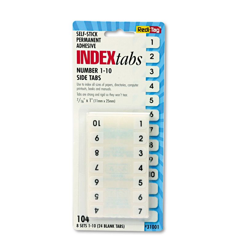 Redi-Tag Side-Mount Self-Stick Plastic Index Tabs Nos 1-10 1 inch White 104/Pack 31001