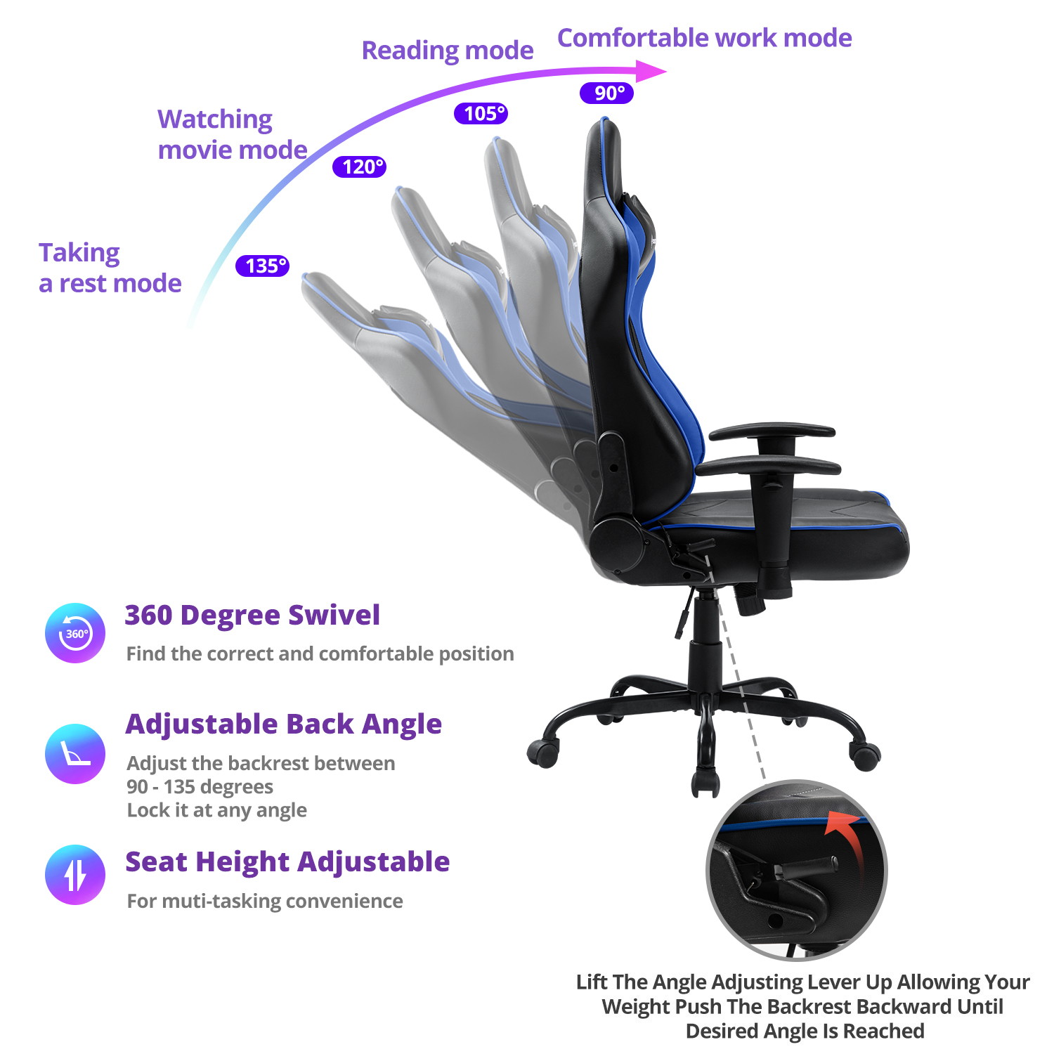 Gaming Chair, Racing Style Computer Desk Chair Padded Armrests Ergonomic Lumbar Support Adjustable Height