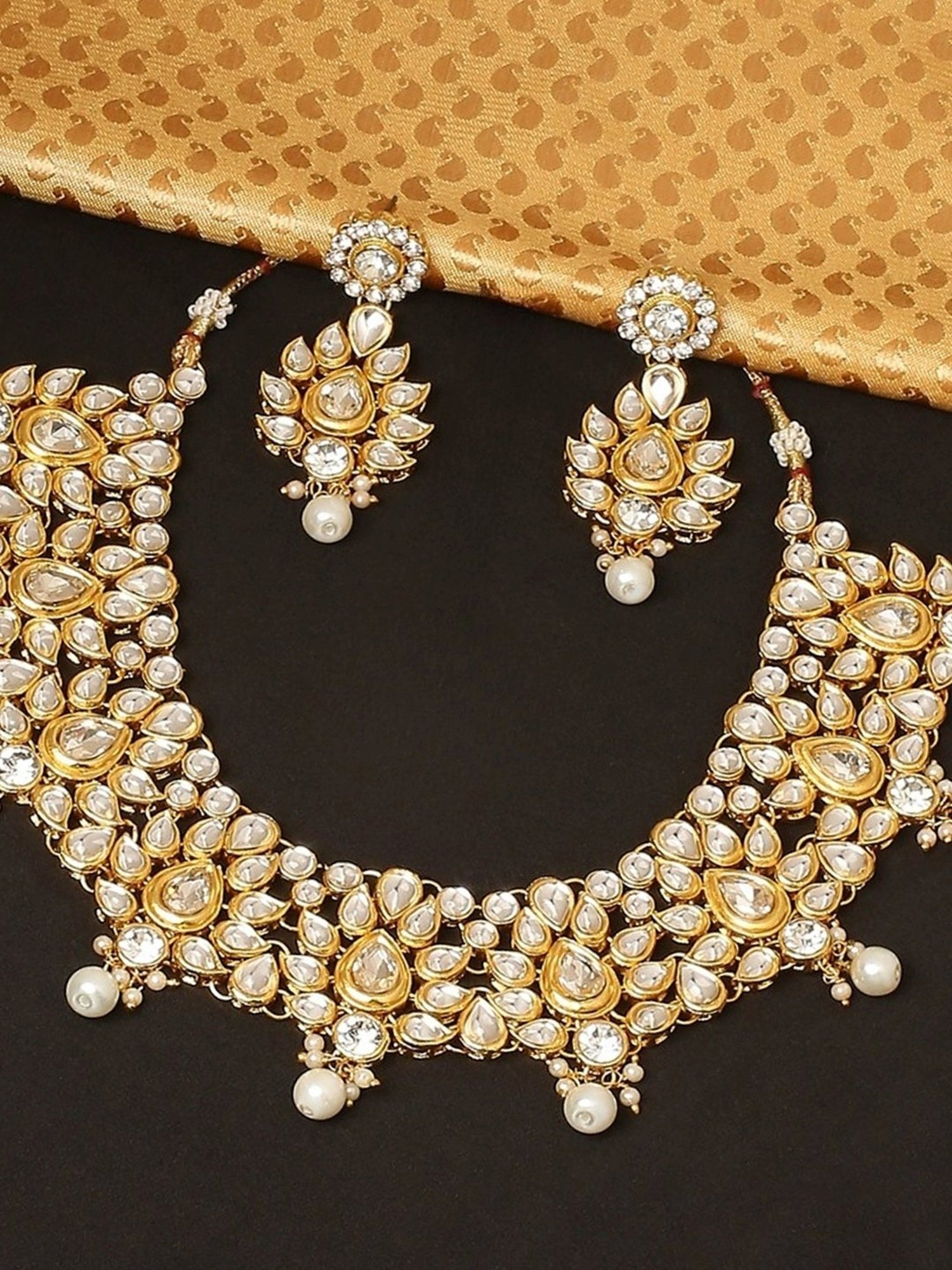 Oomph Gold Tone Kundan & Pearls Heavy Ethnic Necklace with Earrings Set