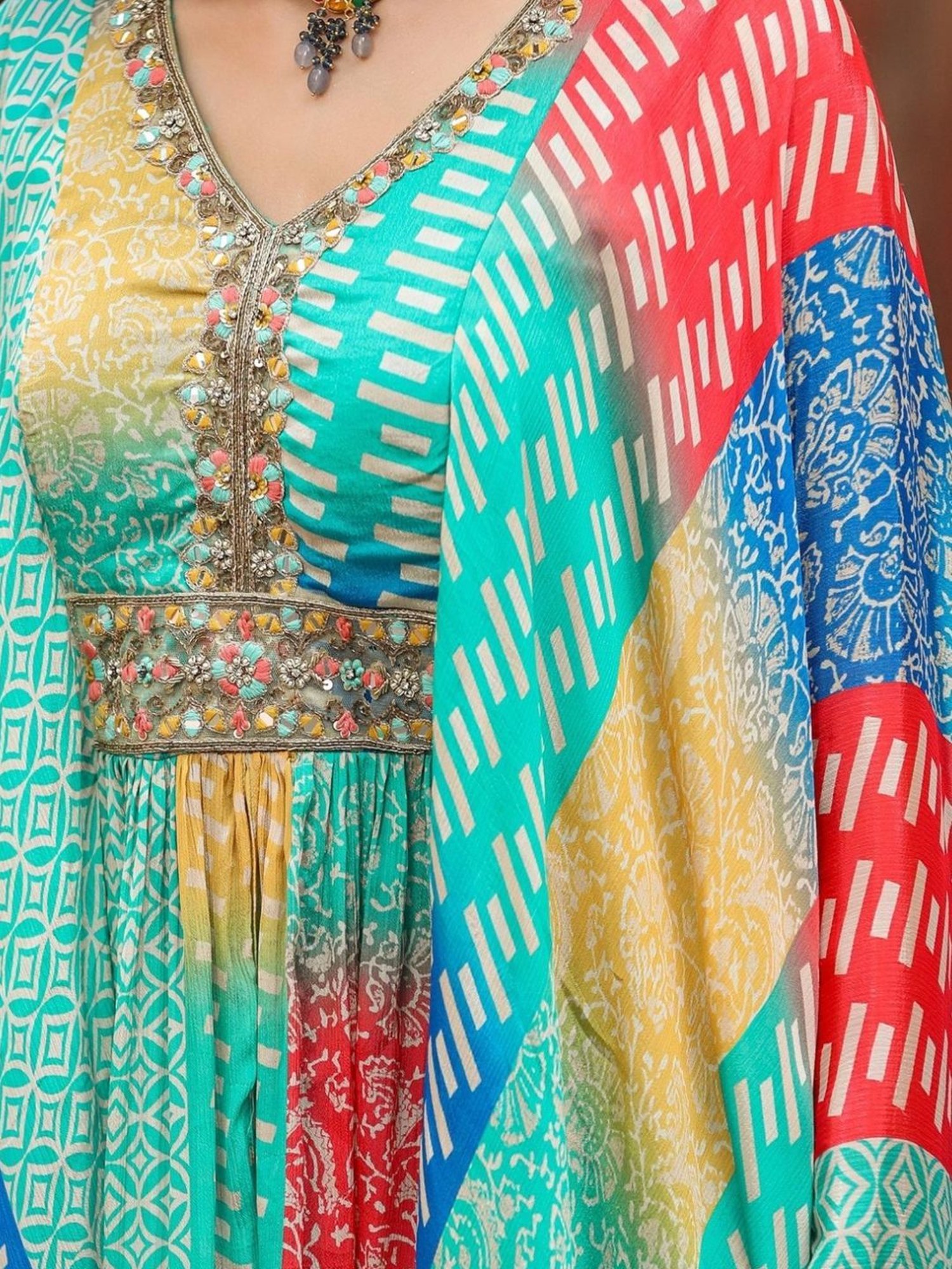 Scakhi Turquoise Chinon Silk Printed Co-ord Set Kaftan With Sharara