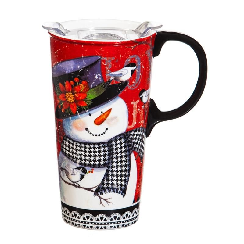Cypress Home Beautiful Houndstooth Snowman Ceramic Travel Cup with Tritan Lid and Matching Box - 4 x 5 x 7 Inches Indoor