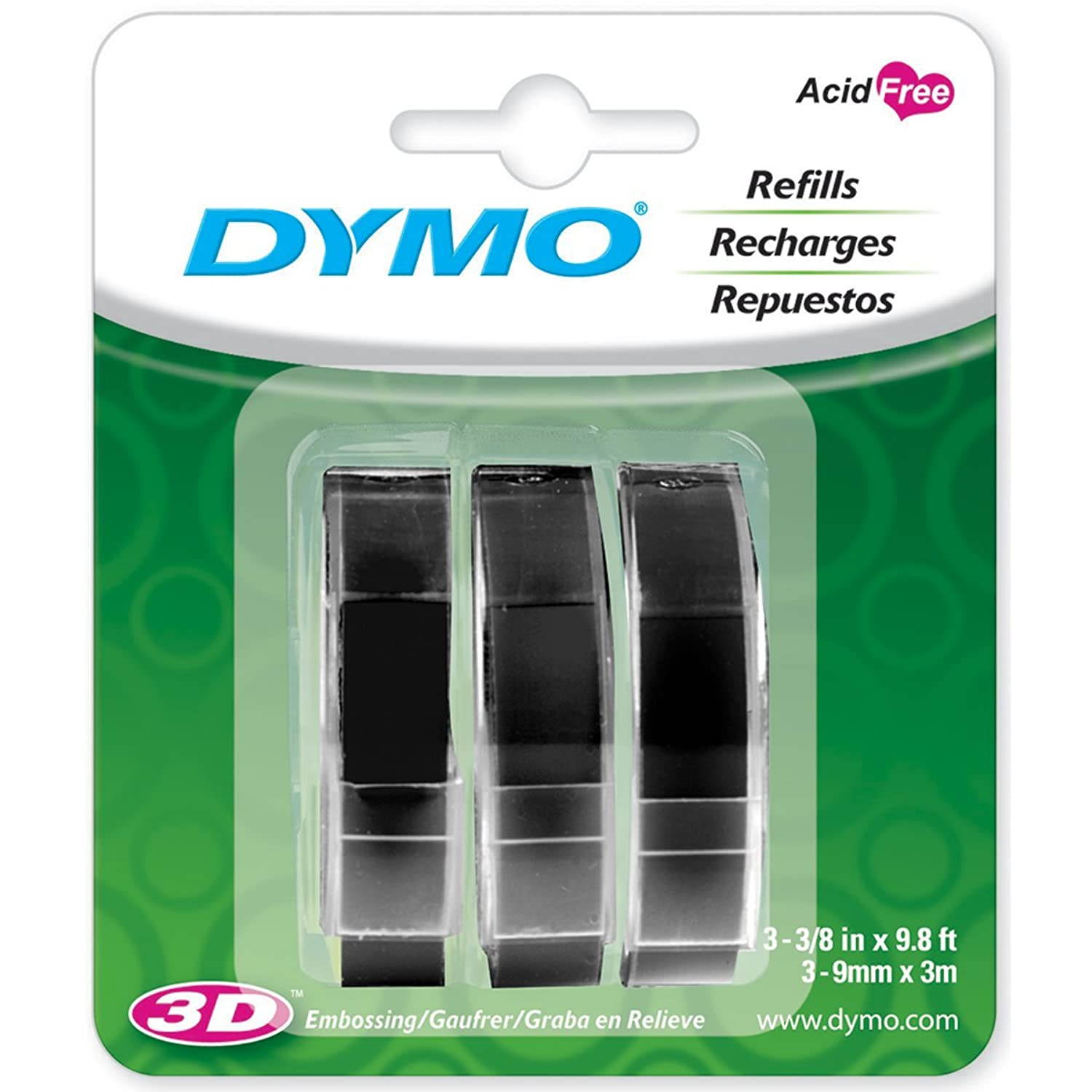 DYMO 3D Plastic Embossing Labels for Embossing Label Makers, White Print on Black, 3/8 x 9.8, 3-roll Pack (1741670)