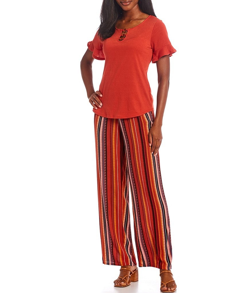 I.N. Studio Stripe Print Crepon Wide Leg Pull-On Palazzo Pants