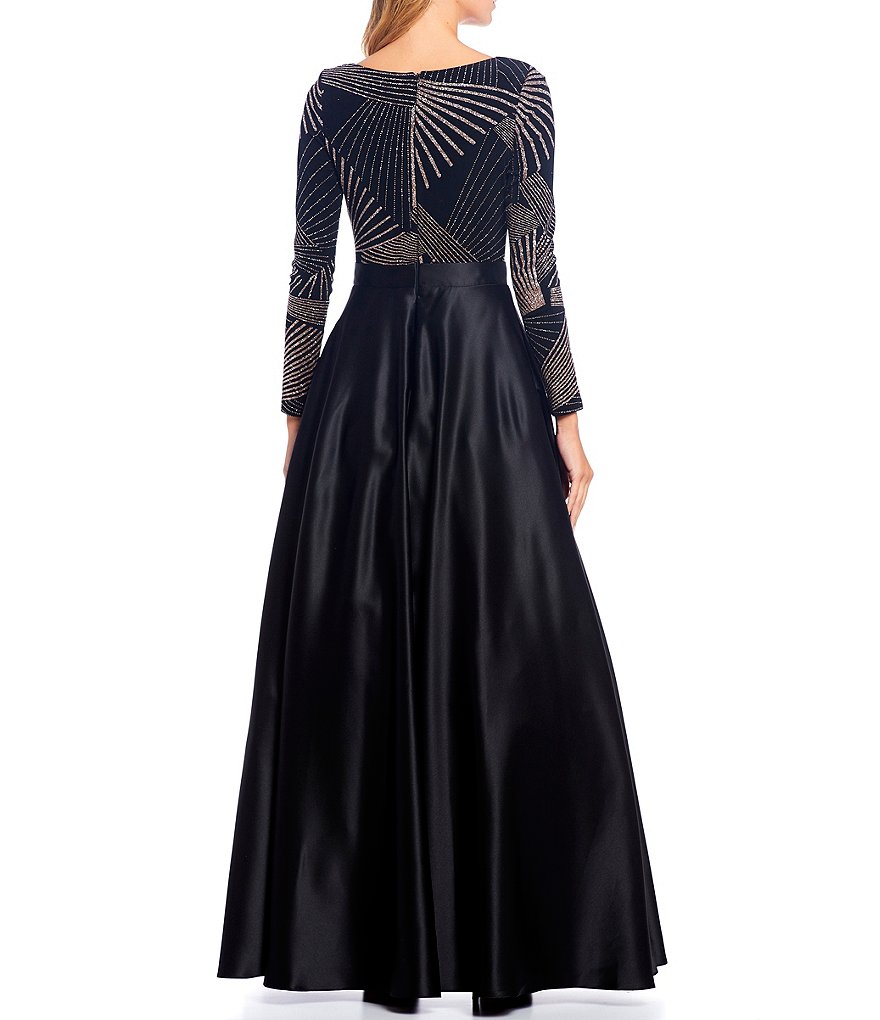Betsy & Adam Beaded Bodice Long Sleeve Ball Gown