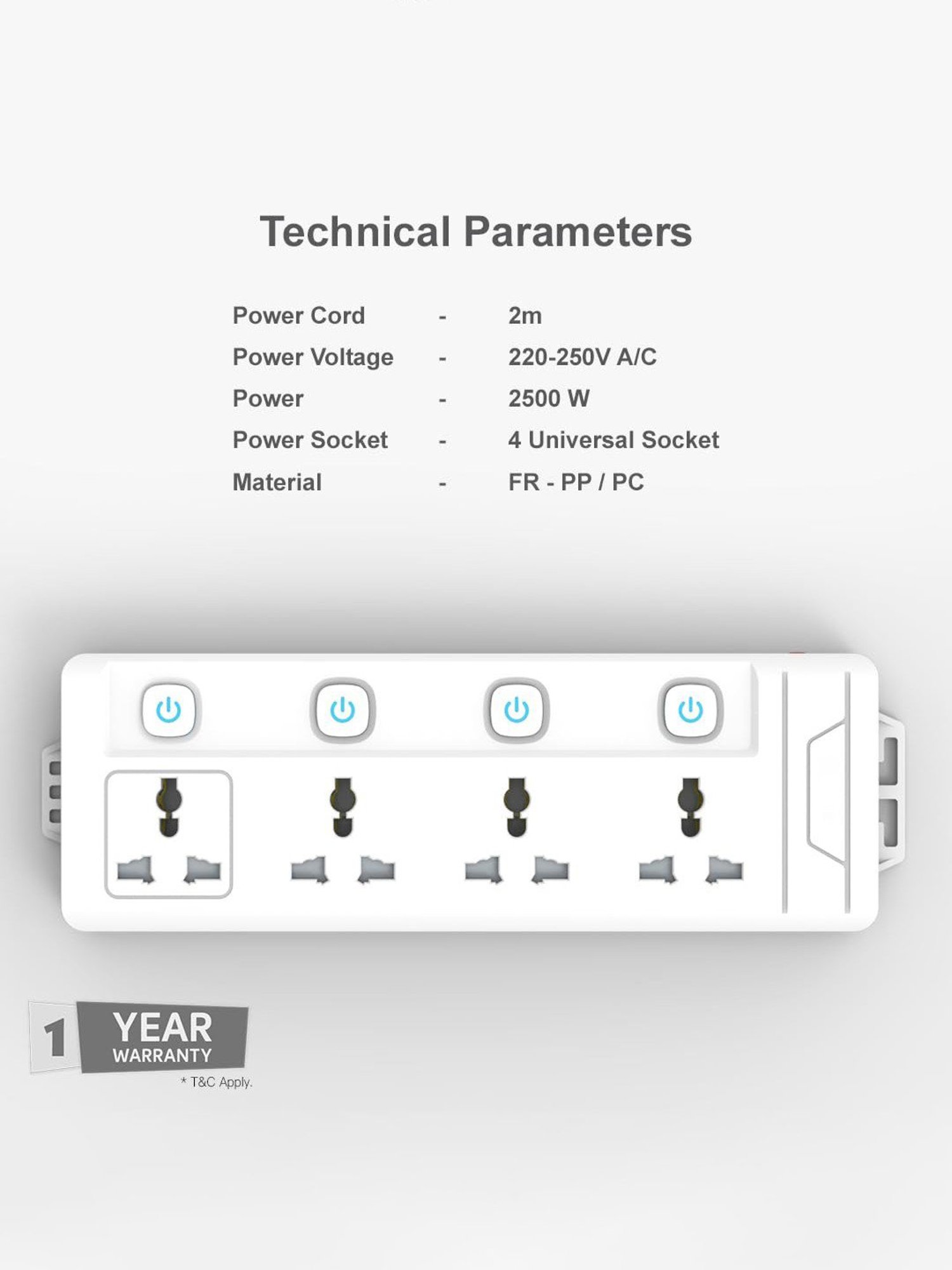 One Beat Power Strip with 4 Universal Socket with Output of 2500W & Extension Cord 2 Meter (White)