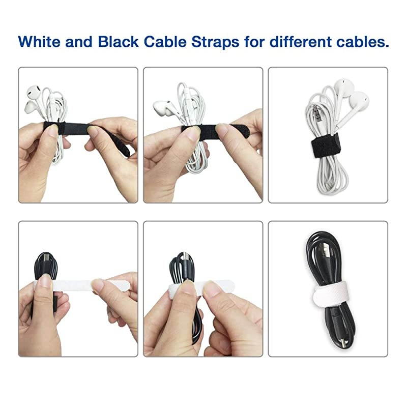 50 Pack Fastening Cable Straps Reusable Cord Organizer Keeper Holder Cable Ties for Earphones Earbuds Headphones Home Office Tablet PC TV Wire Management 3 Size Black and White