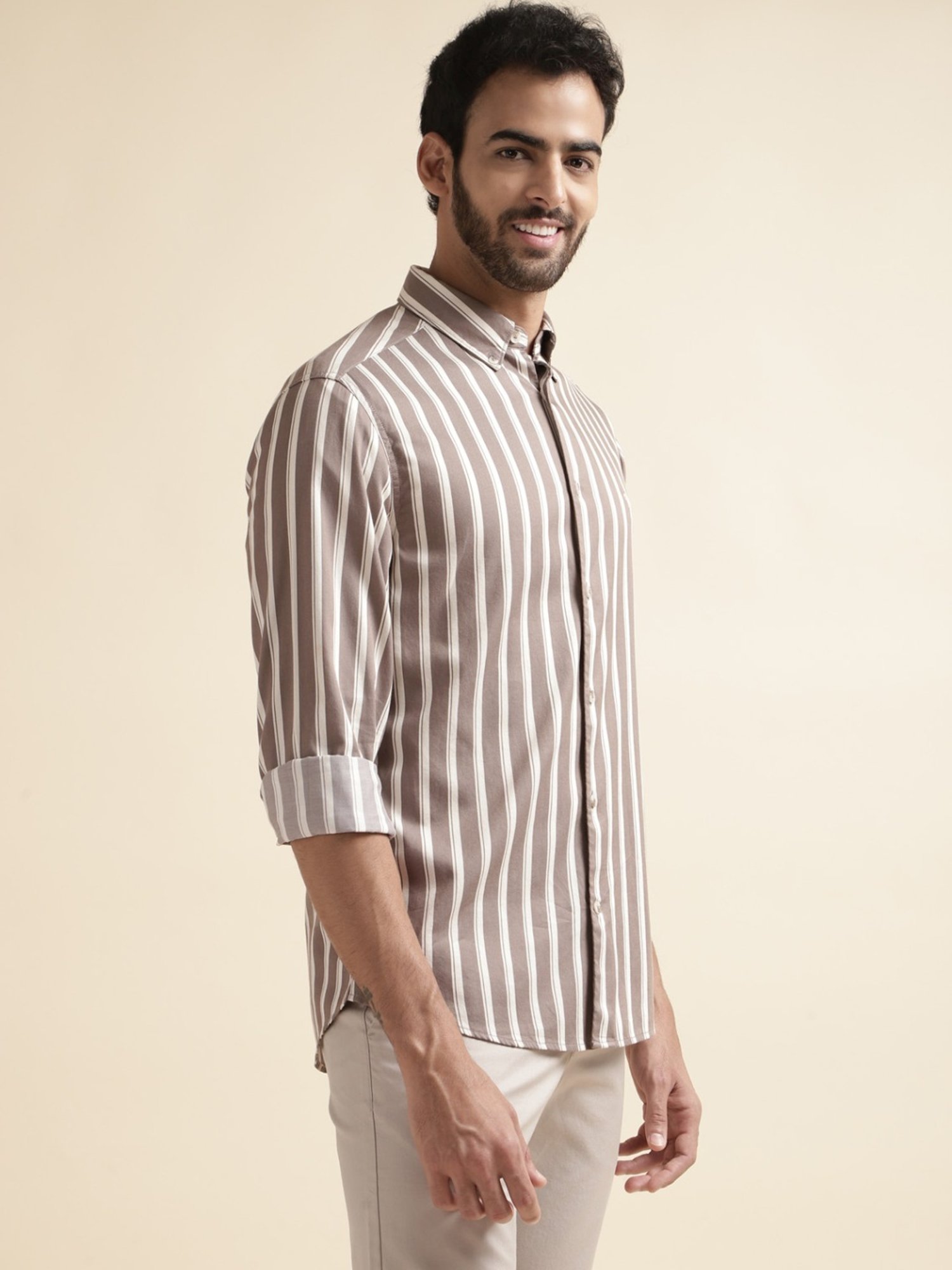 Andamen Brown Slim Fit Striped Shirt