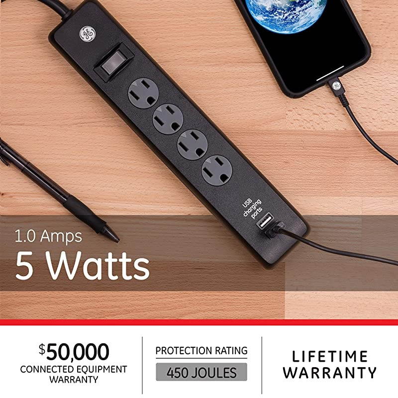 4 Outlet 2 USB Port Power Strip Sur Protector 3ft Power Cord Black 36189P1