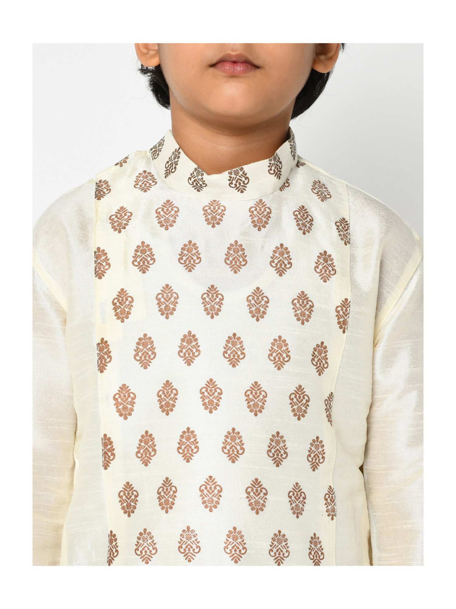 Deyann Kids Off White & Mustard Self Design Full Sleeves Kurta with Patiala