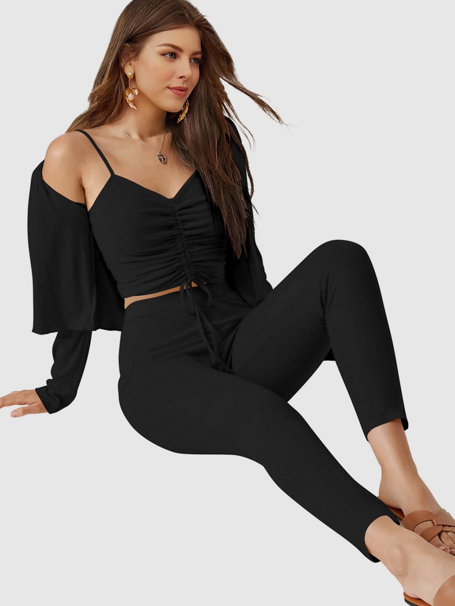 Odette Black Plain Crop Top Pant Set With Jacket