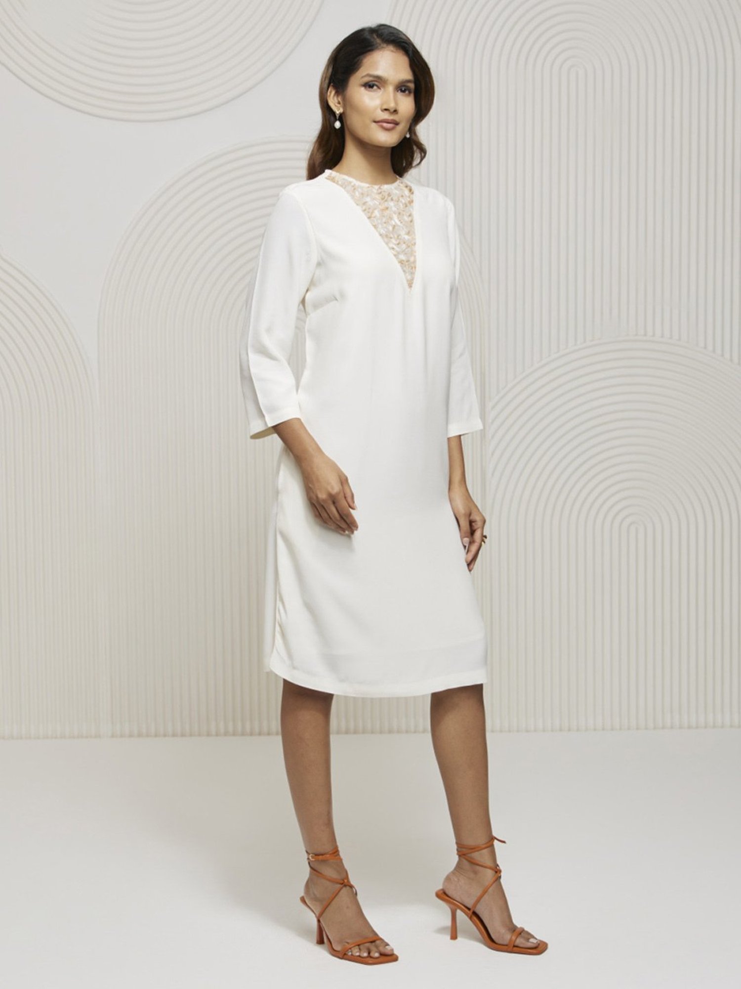 Artagai Snow White Shift Dress with Embroidered Organza Neck