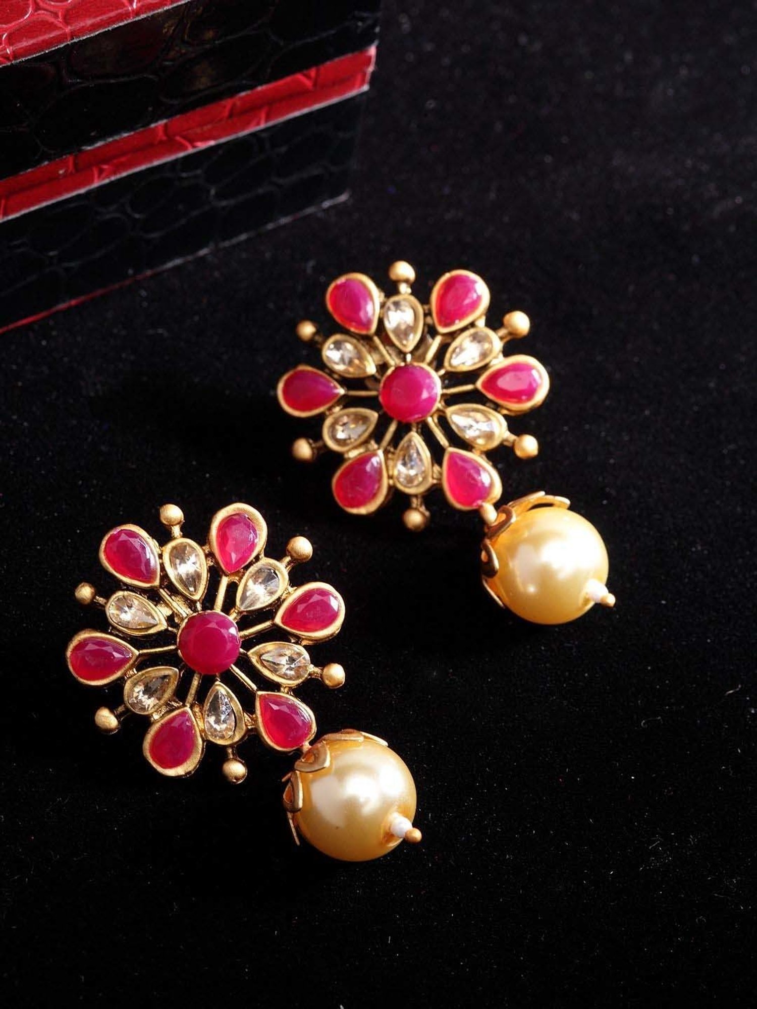 Panash Gold-Plated & Handcrafted Kundan Floral Shaped Drop Earrings