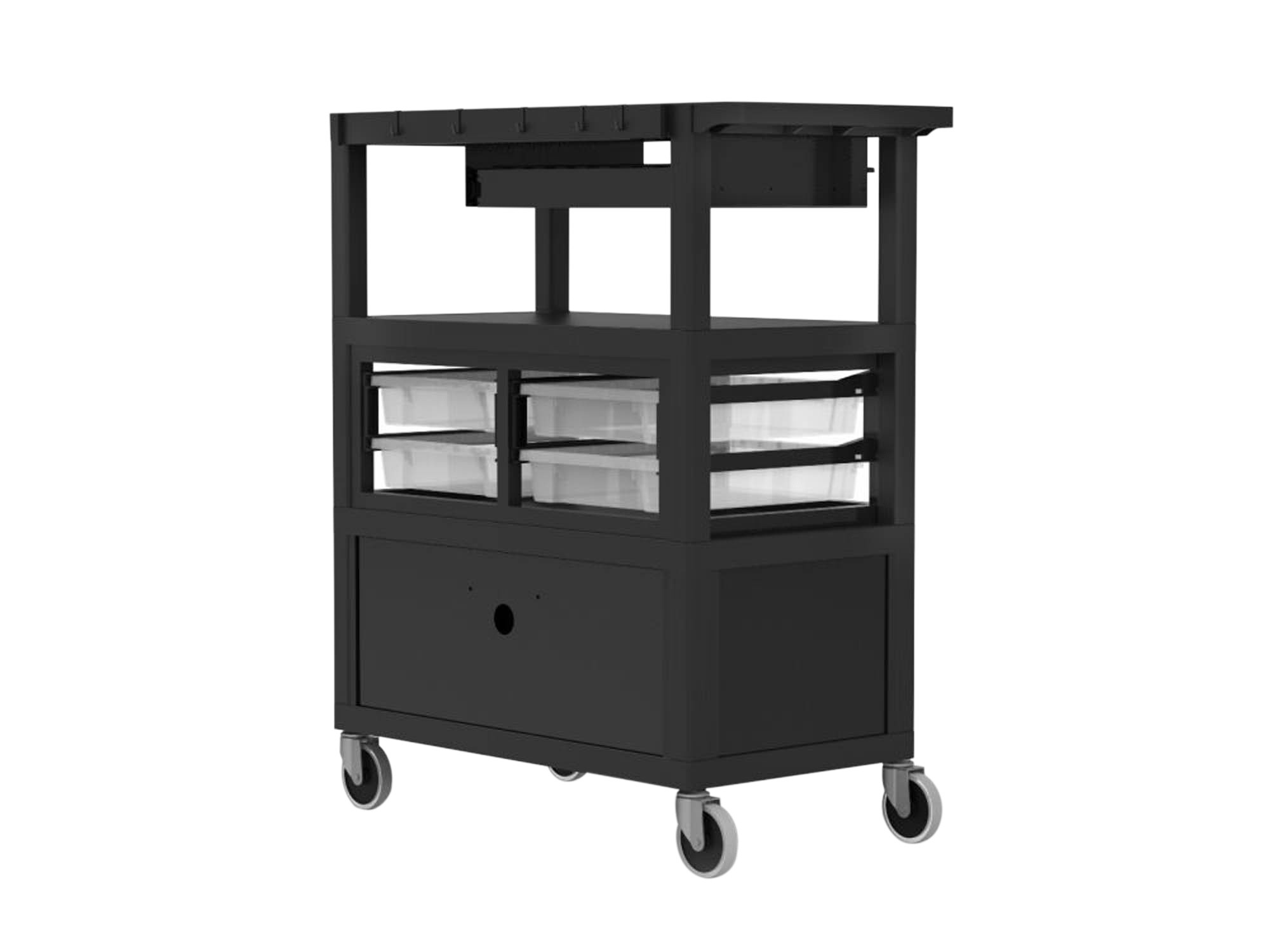 Luxor 32" x 18" Deluxe Teacher Utility Cart with Locking Cabinet, Storage Bins, Keyboard Tray, Pocket Chart Hooks and Cup Holder - Black