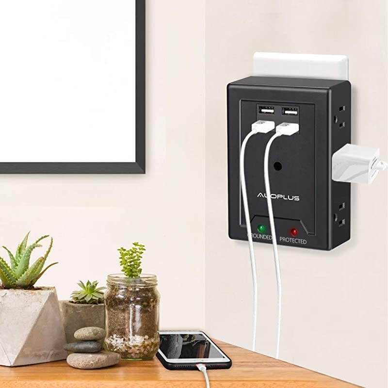 Multi Plug Wall Outlet Extender,  6 Outlet Power Strip Surge Protector with 4 USB Charger[5V/3.1A]-Grounded Electrical Plug Adapter Outlet Splitter for Home Office Bedroom Kitchen-1050J