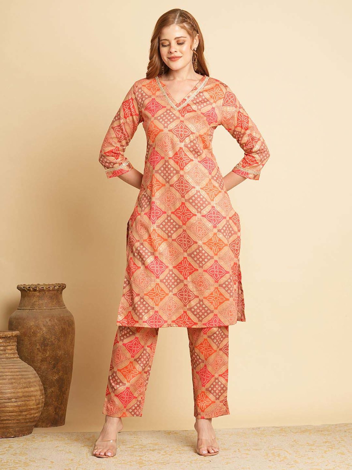 Fashor Peach Printed Kurta & Pant Set
