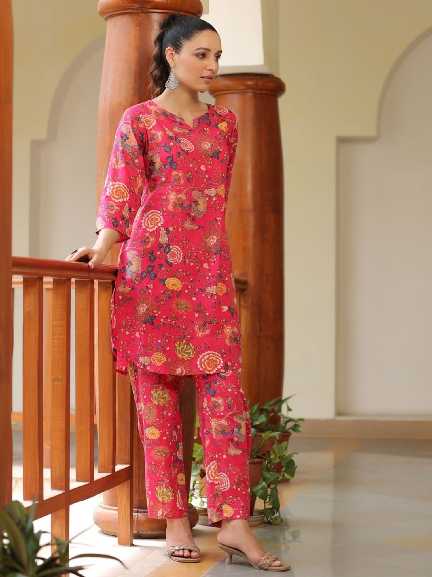 Rain and Rainbow Fuchsia Pink Cotton Floral Print Kurta Pant Set