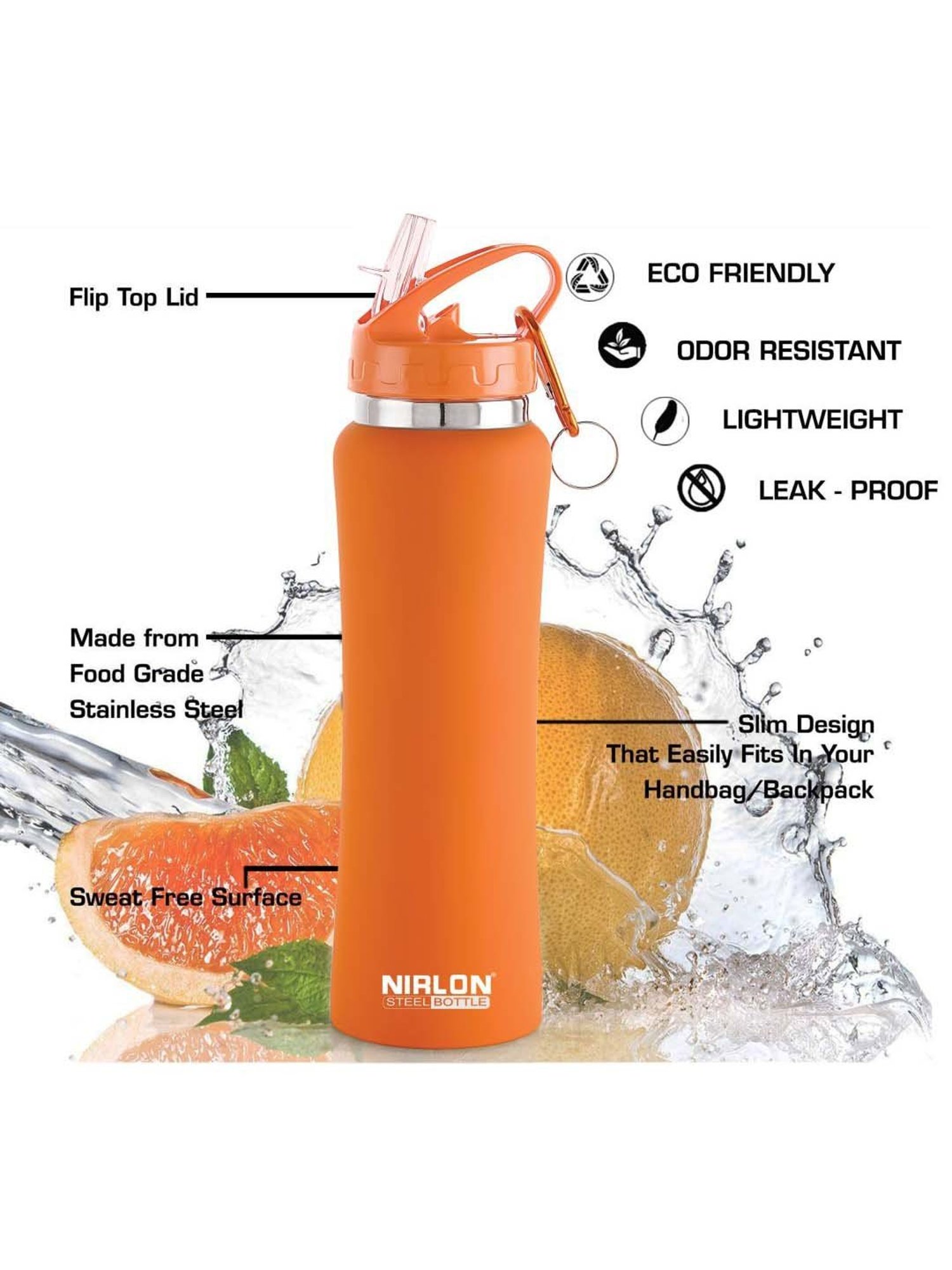 Nirlon Flip Bot Orange & Red Stainless Steel Water Bottle (0.75 L) - Set of 2