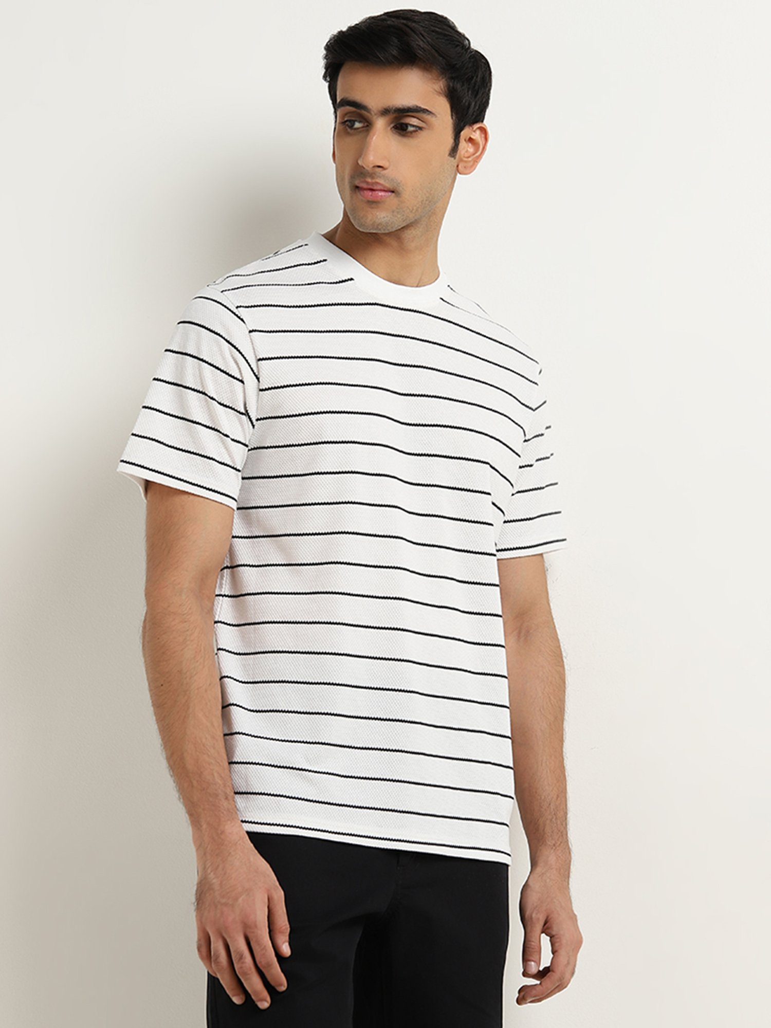 WES Lounge by Westside White Striped Design Relaxed-Fit T-Shirt