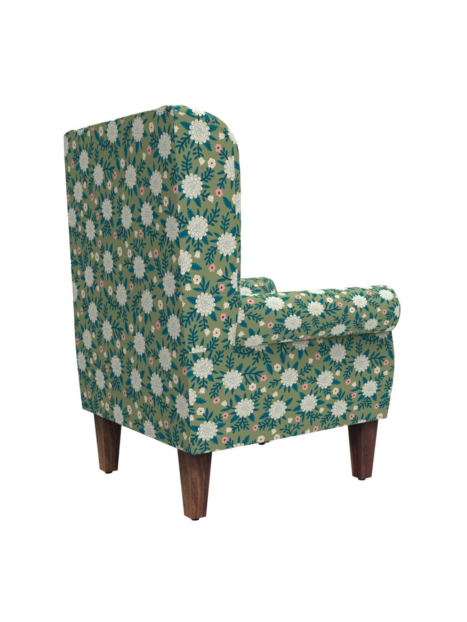 Chumbak Spring Marigold Floral Green Sheesham Wood Begum Wing Chair