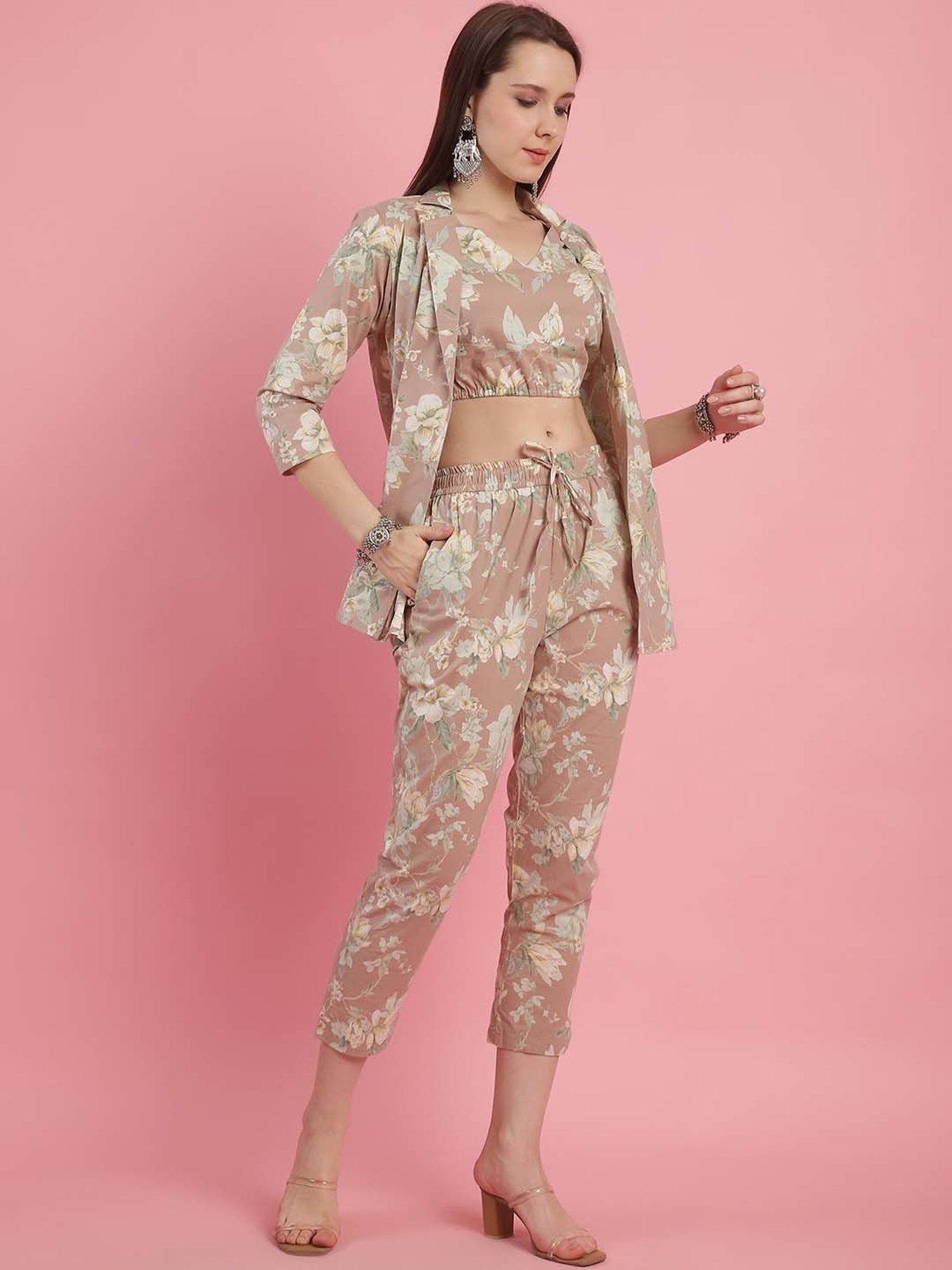 Prakrti Pink Cotton Floral Print Crop Top Capri Set With Jacket