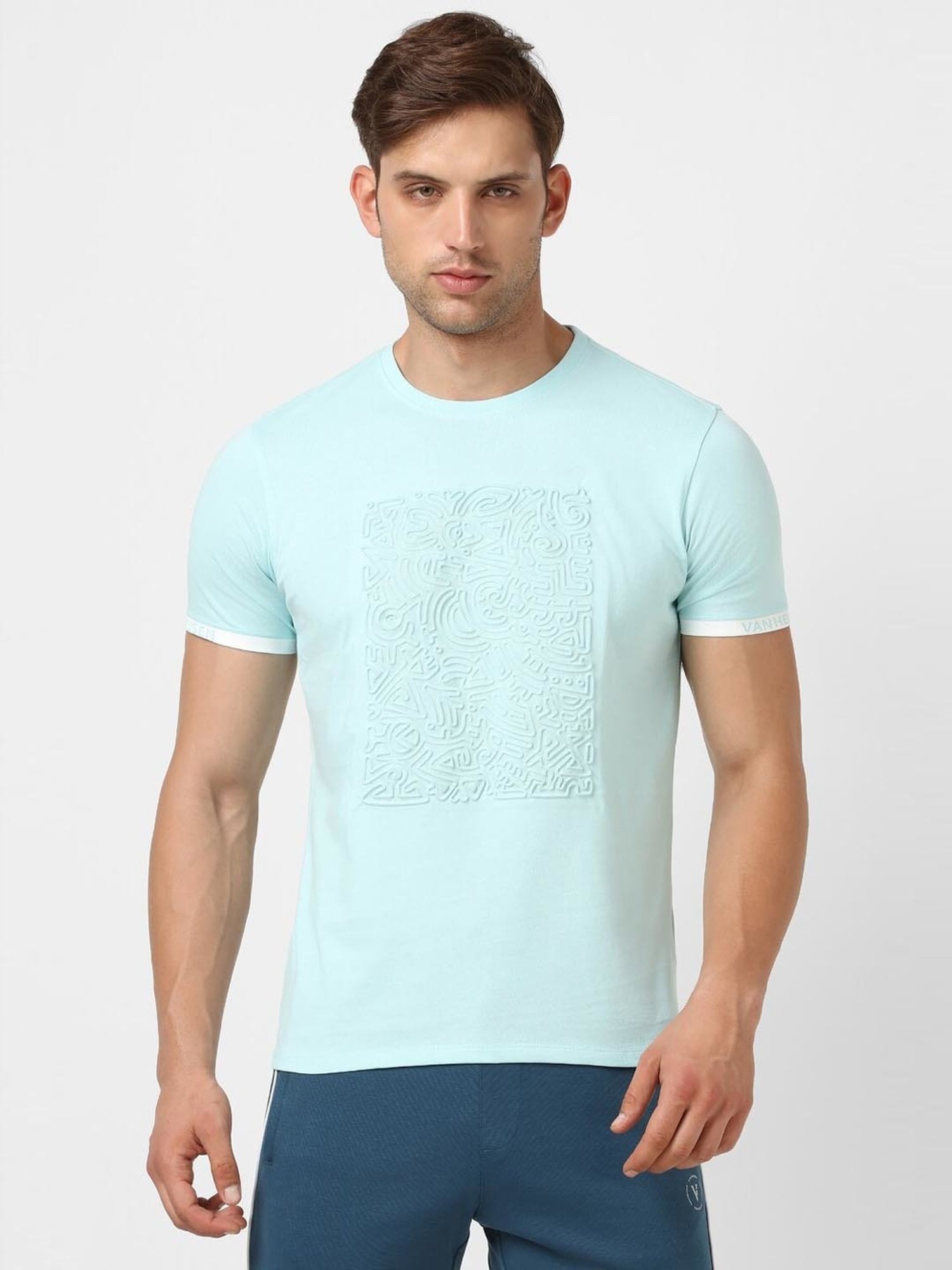 V Dot Blue Cotton Slim Fit Printed T-Shirt