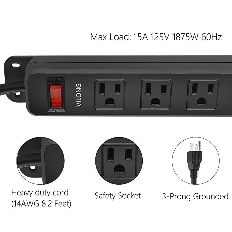 Outlets Power Strip 82 Ft 14AWG Cord Straight Plug for Commercial Industrial School and Home15A 125V 1875W Black