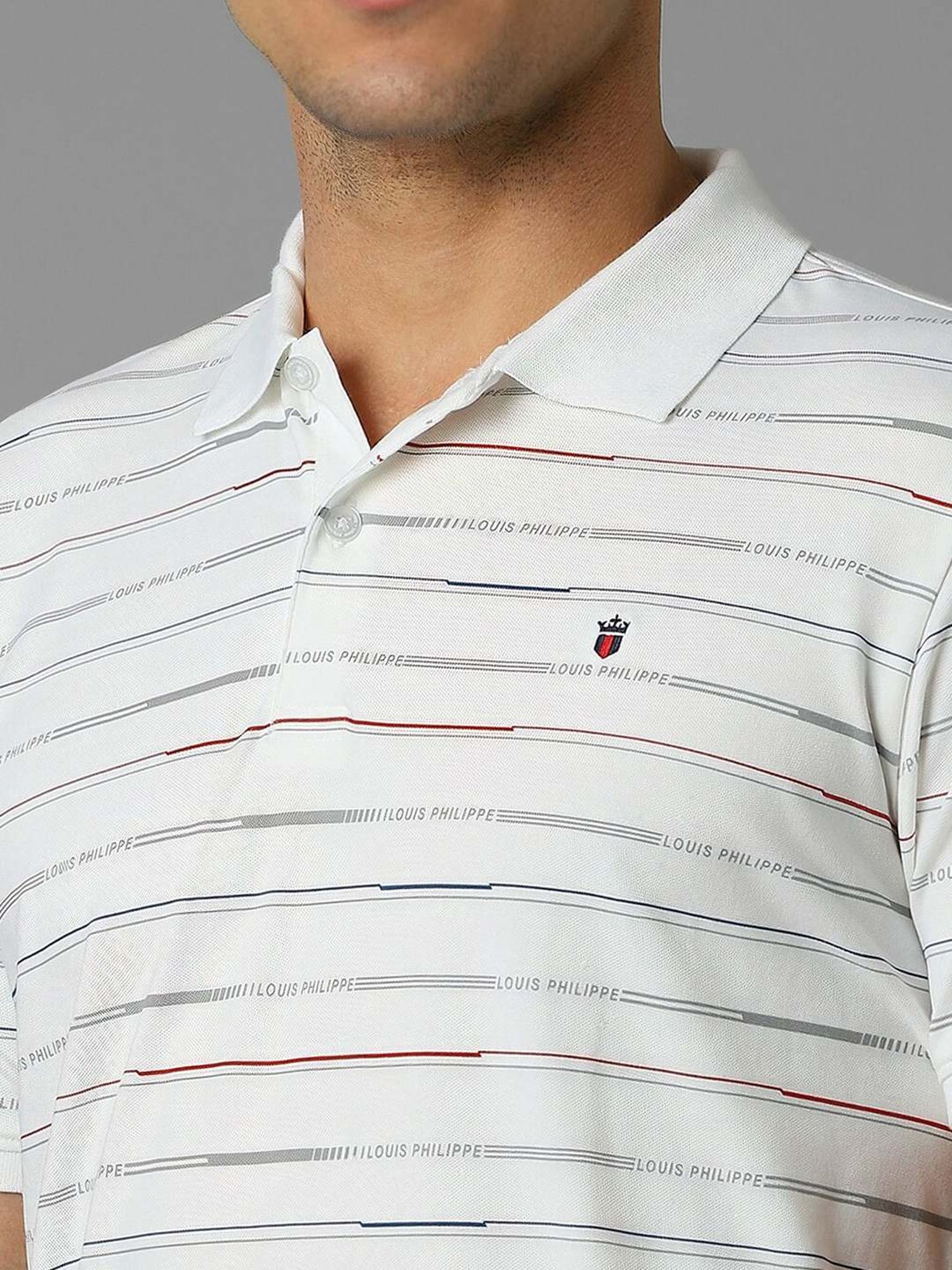 Louis Philippe White Cotton Slim Fit Striped Polo T-Shirt