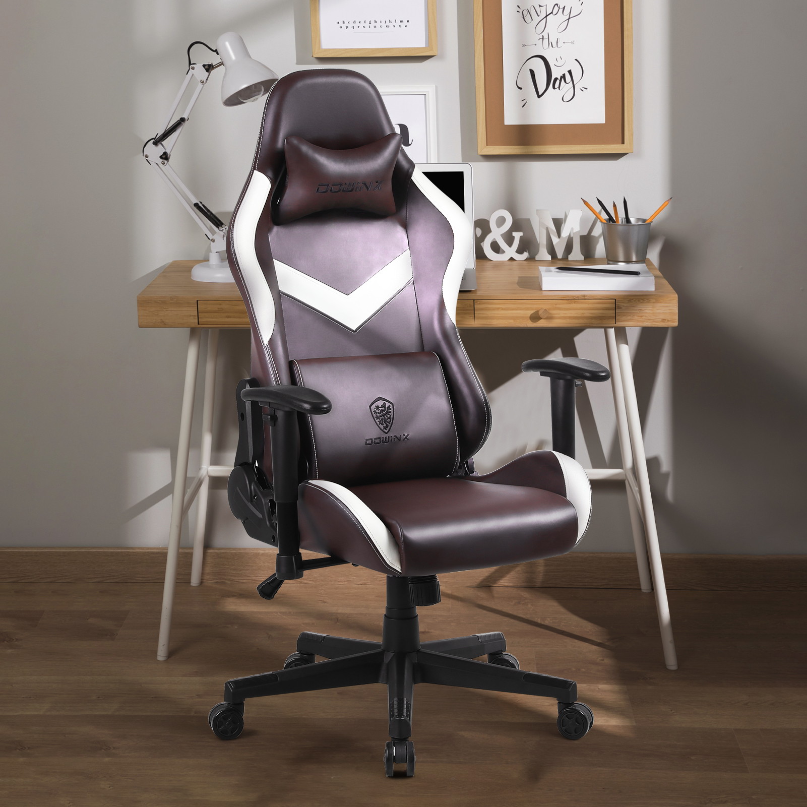 Dowinx Gaming Chair High Back Retro Style with Headrest and Massage Lumbar Support Office Chair with PU Leather Adjustable Swivel Ergonomic Computer Chair (Grey)