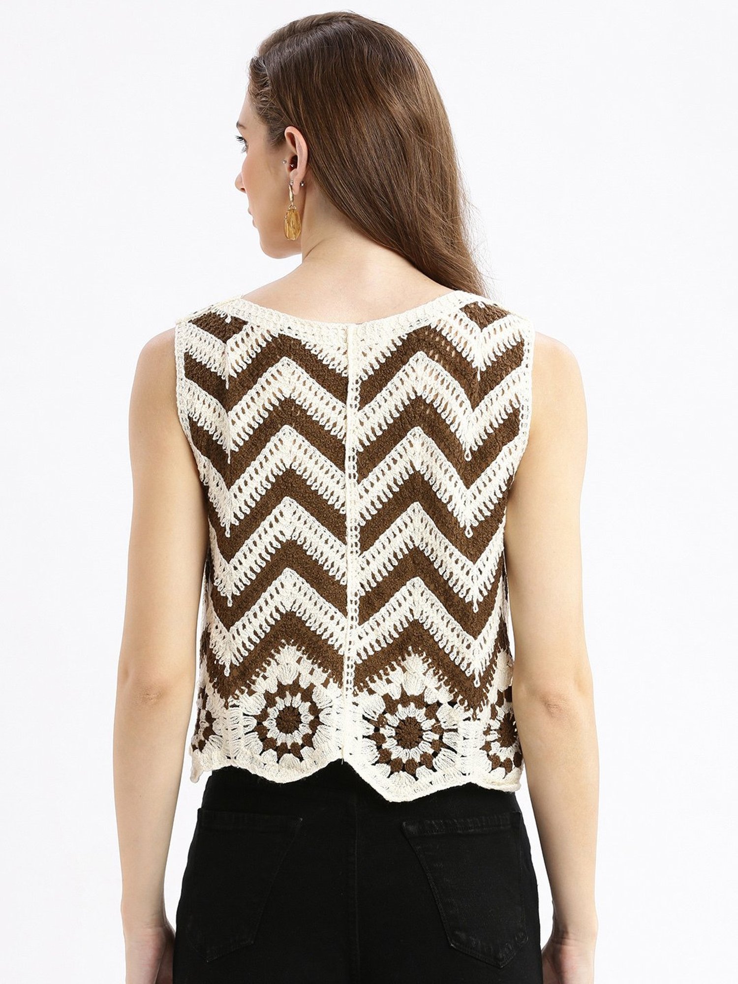 SHOWOFF Brown & White Self Design Crop Shrug