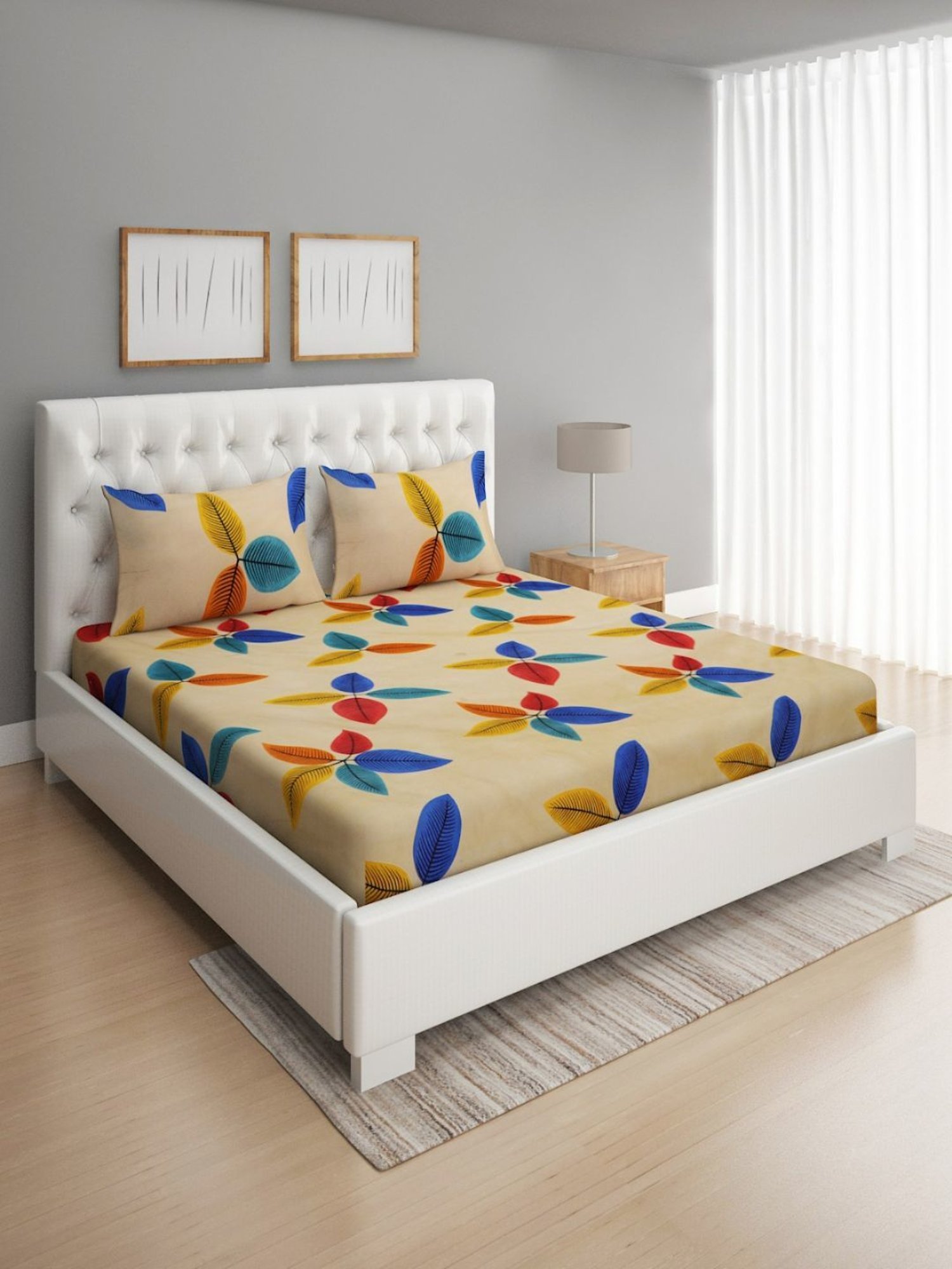 Romee Floral Dark Blue 144 TC Cotton Queen Sized Bed Sheet with 2 Pillow Covers