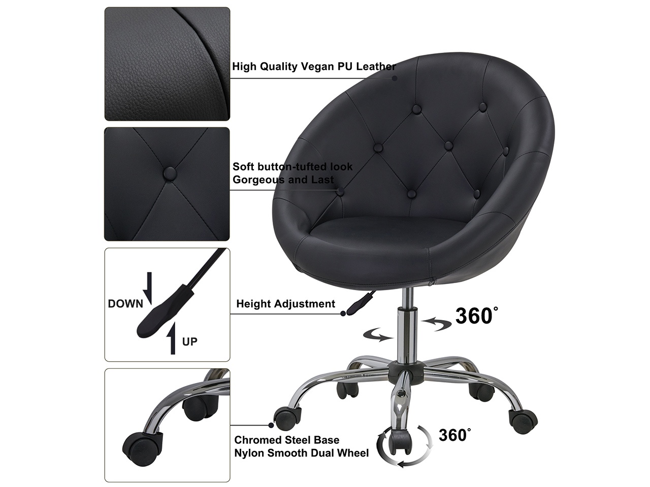 Swivel Height Adjustable Task Chair Tufted PU Leather Upholstered Office Chair