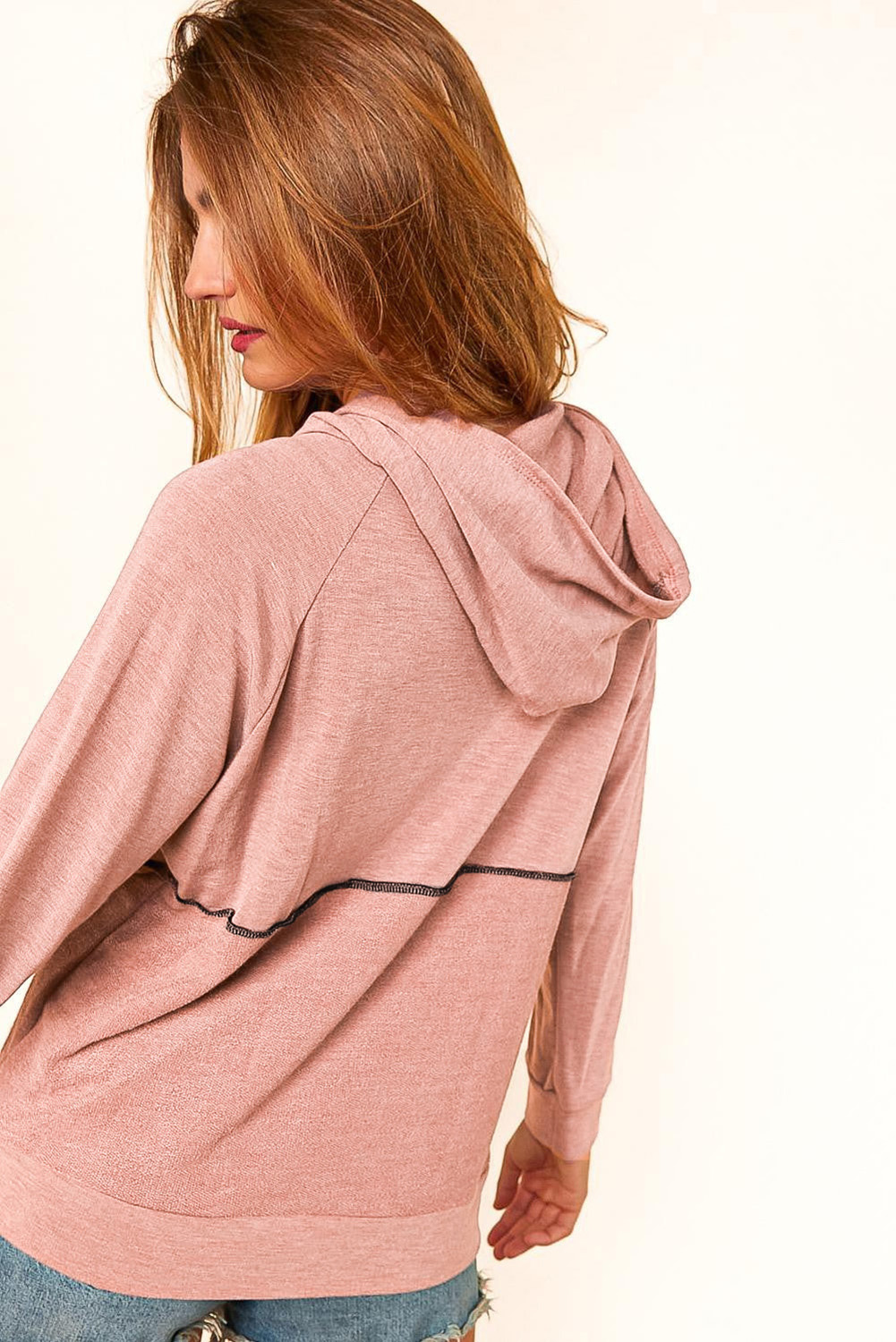 Pink Solid Color Exposed Seam Henley Pullover Hoodie