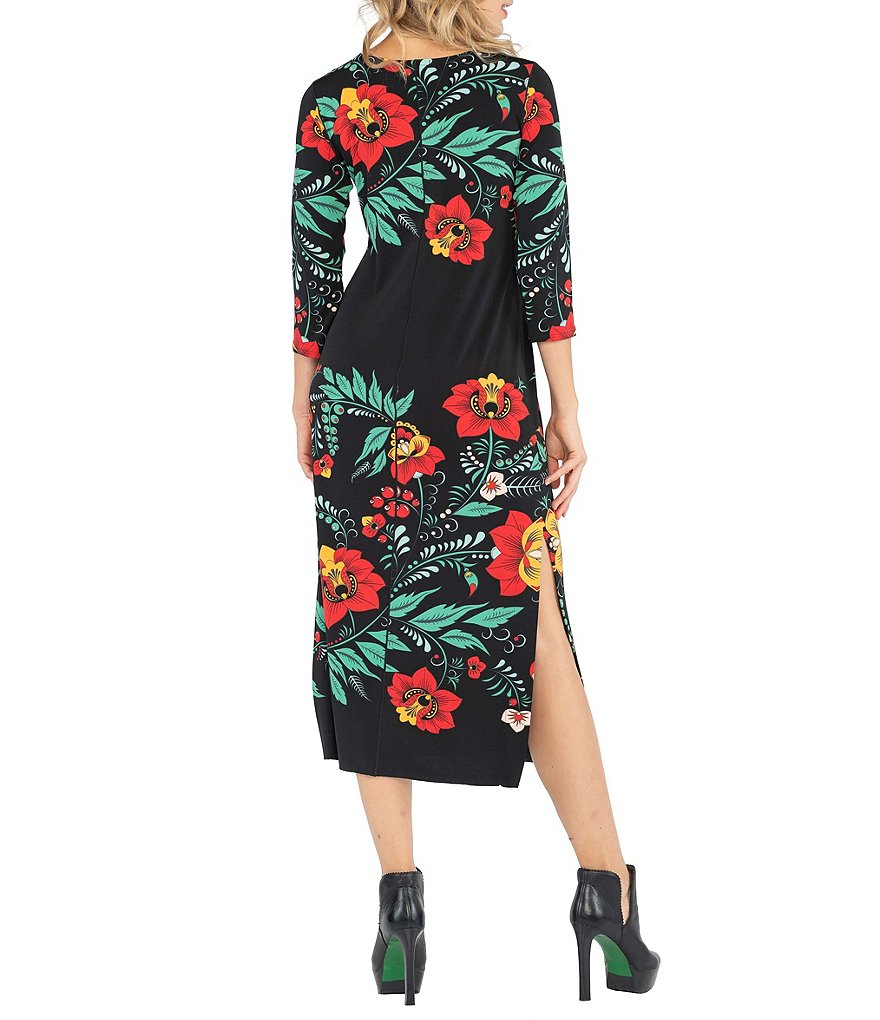 Eva Varro Floral Vine Placement Print Knit Side Slit Midi Dress