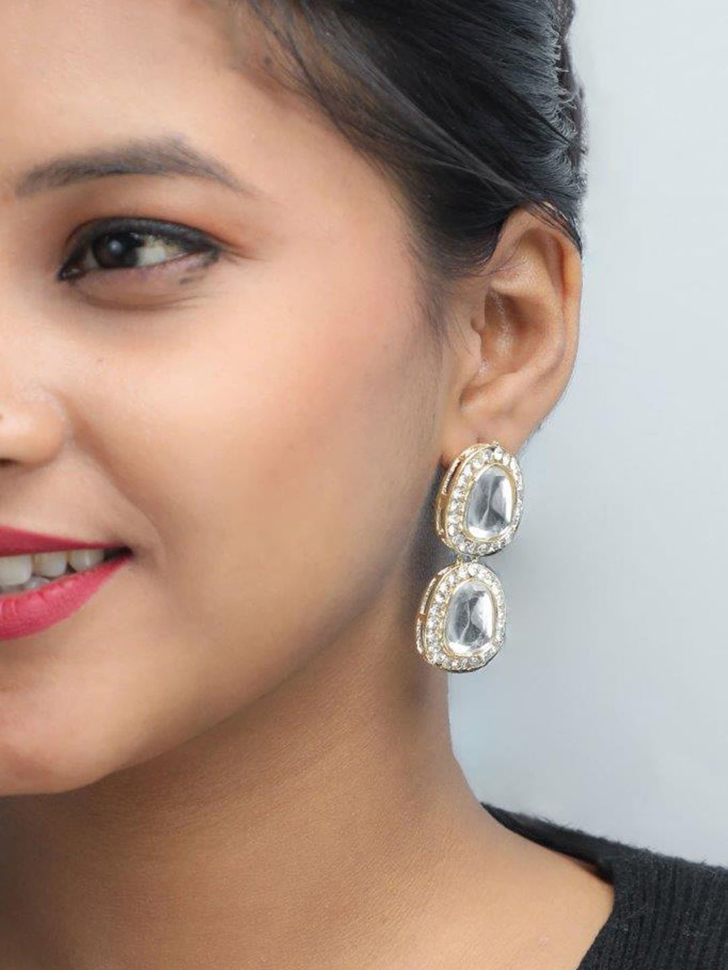 VOJ Silver Plated Kundan Stone Studded Earrings for Women