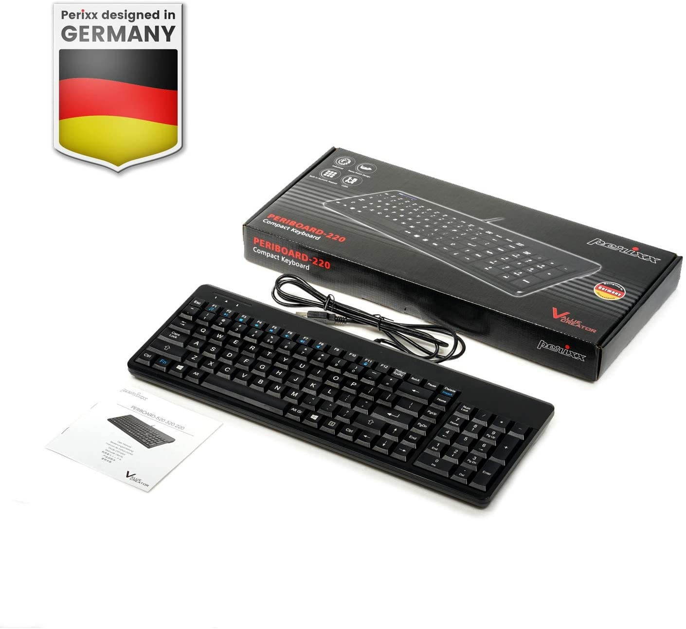 Perixx PERIBOARD-220H US, Wired Compact USB Keyboard with 2 Hubs - Build-in Numeric Keypad - Black - US English Layout