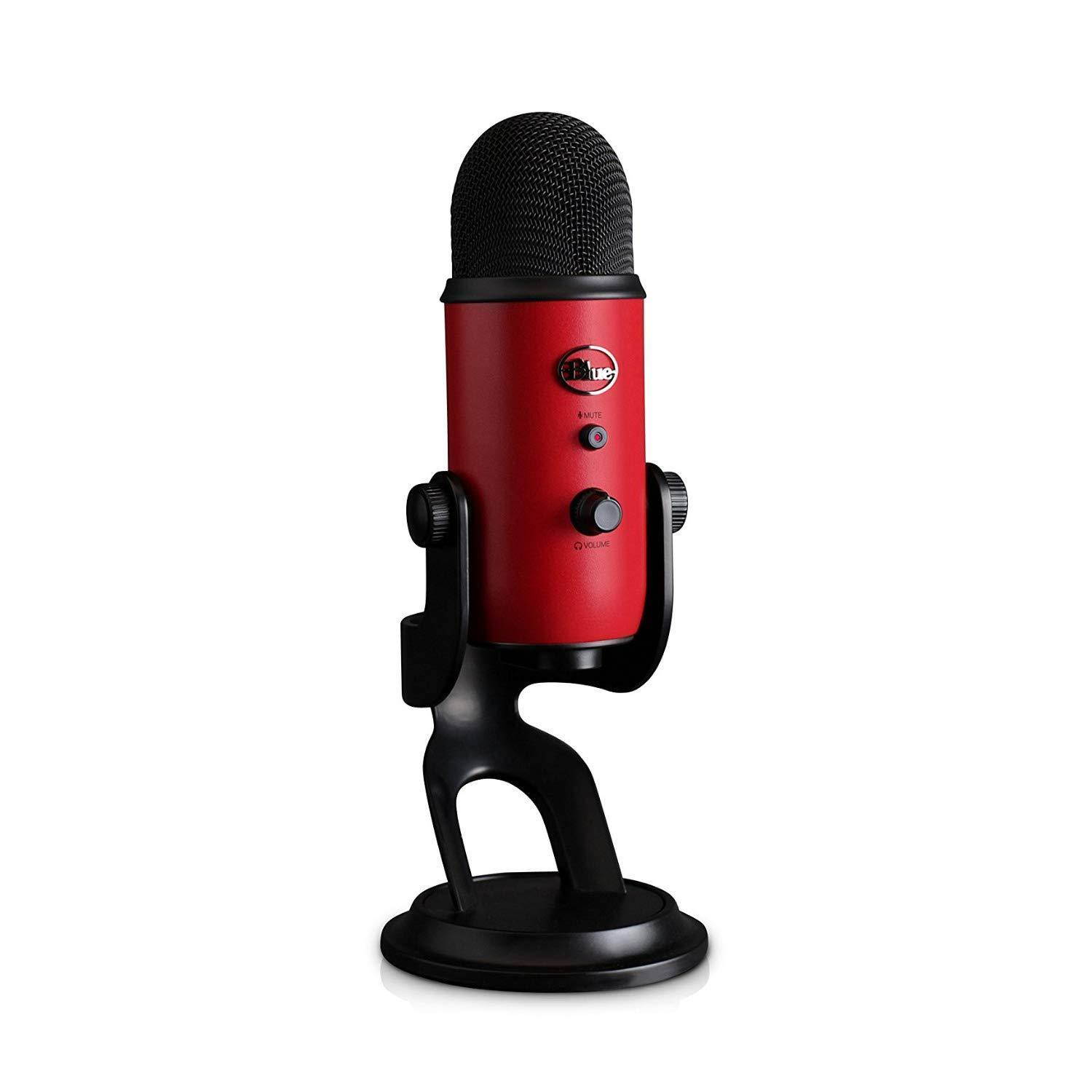 blue microphones yeti usb microphone satin red with knox gear pop filter and 3.0 4 port usb hub bundle