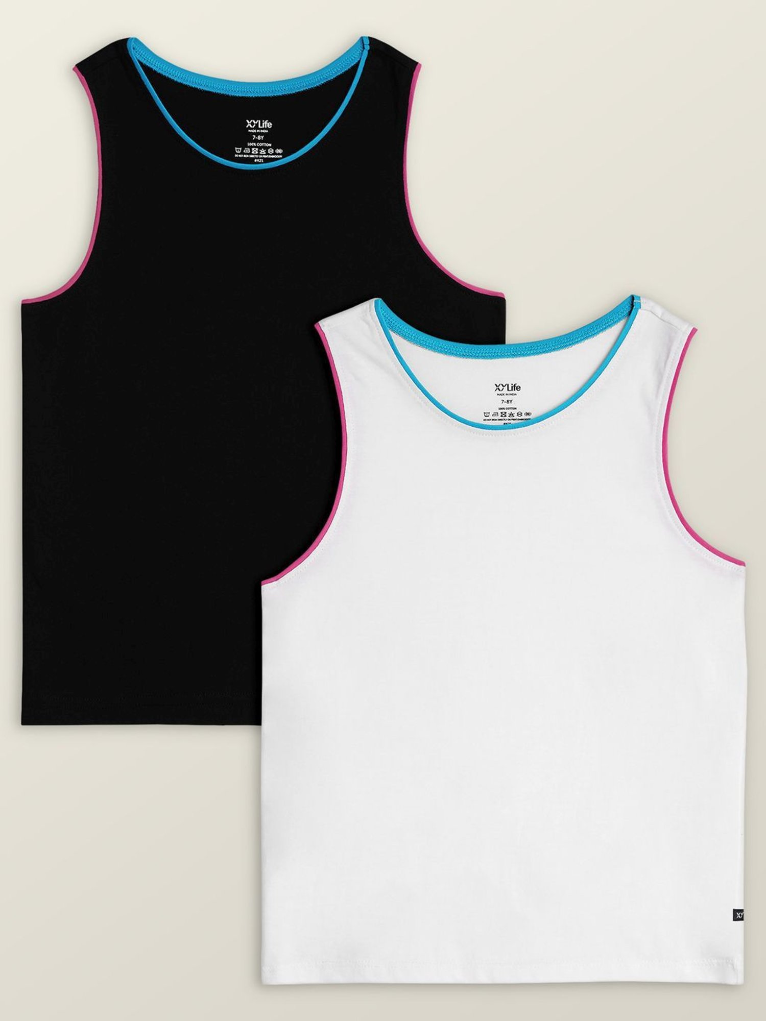 XY Life Kids White & Black Relaxed Fit Tank Top (Pack of 2)