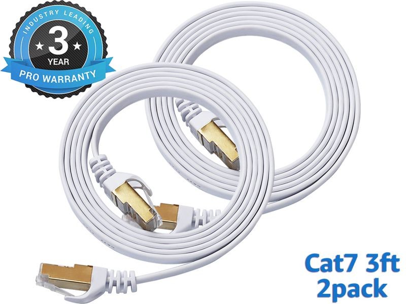 Cat 7 Ethernet Cable 100 ft LAN Cable Internet Network Cord for PS4, Xbox, Router, Modem, Gaming, White Flat Shielded 10 Gigabit RJ45 High Speed Computer Patch Wire.