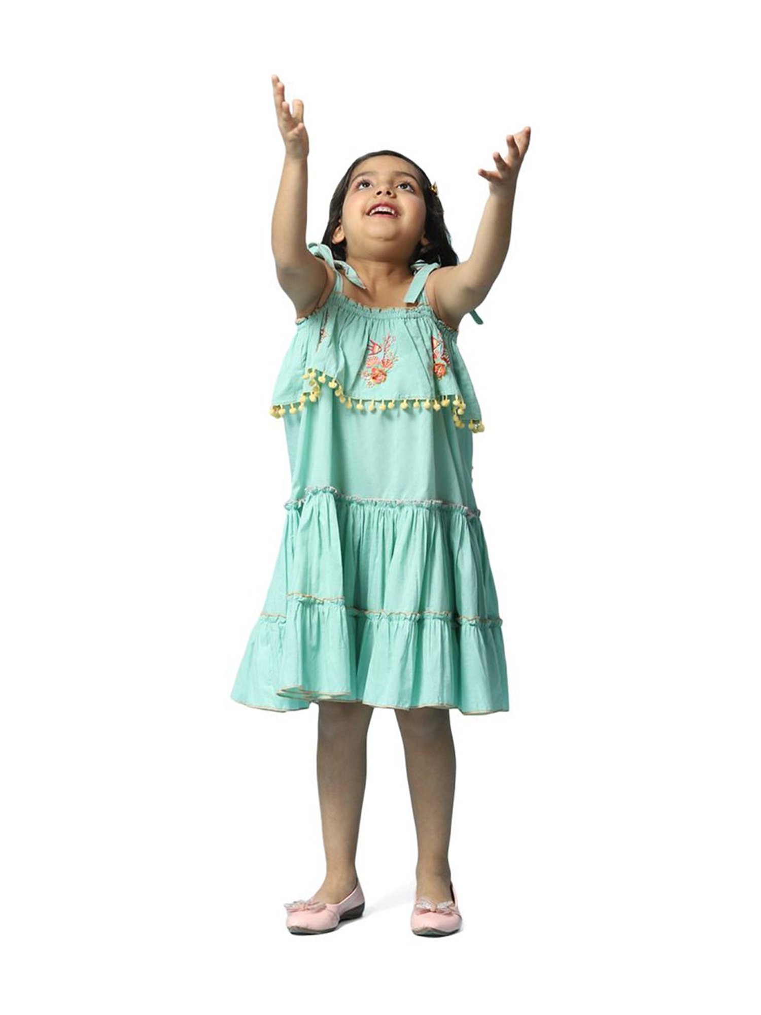 BIBA Girls Green Cotton Embroidered Dress
