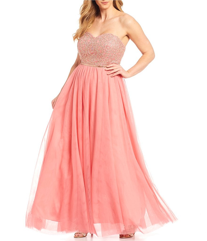 City Vibe Plus Strapless Sweetheart Beaded Embroidered Bodice Mesh Ball Gown