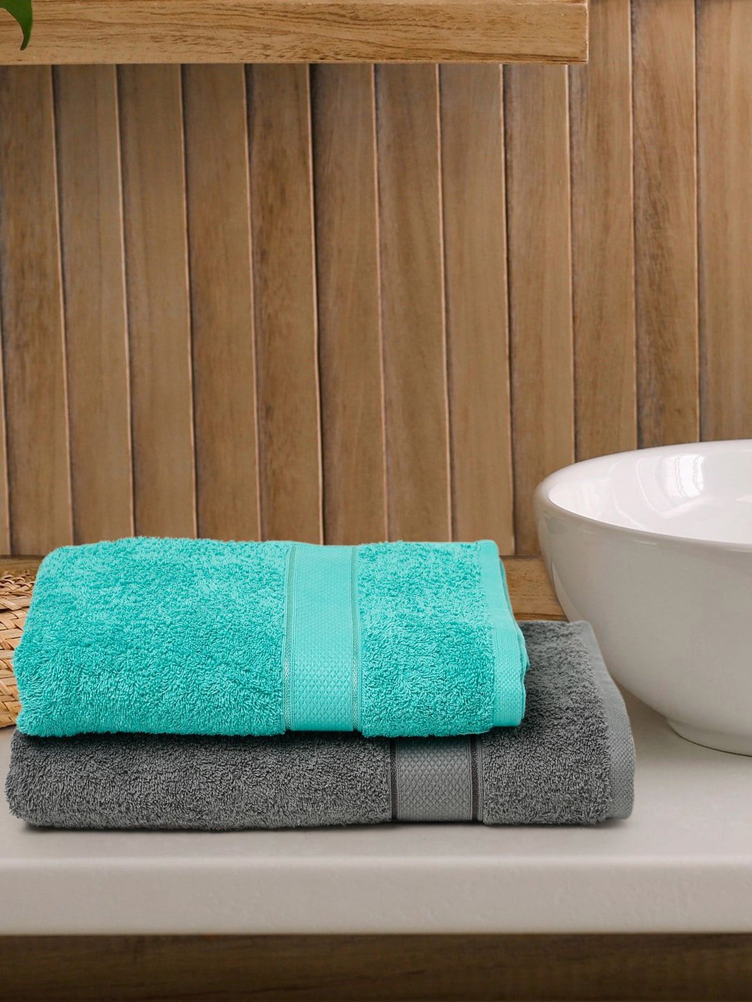 Creeva Grey & Sea Green 525 GSM Cotton Bath Towel Set of 2