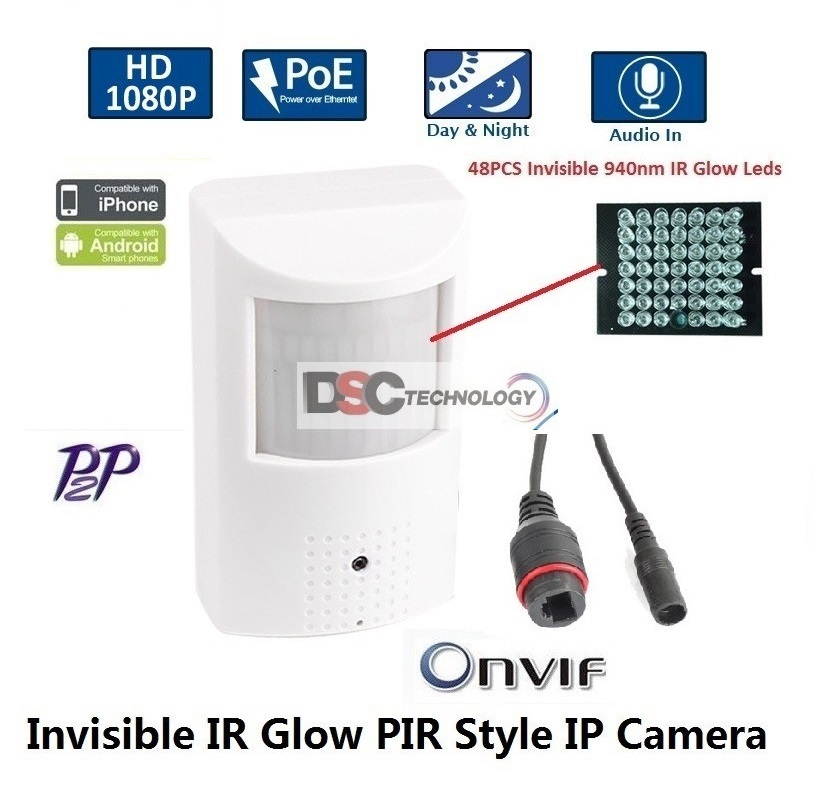 HD 1080P PIR Style Motion Detector Covert Hidden IP/Network Surveillance Spy Camera 3.7mm lens PoE Onvif 48x940nm(Invisible IR Glow) Leds Night-vision Support Mobile View P2P, Audio