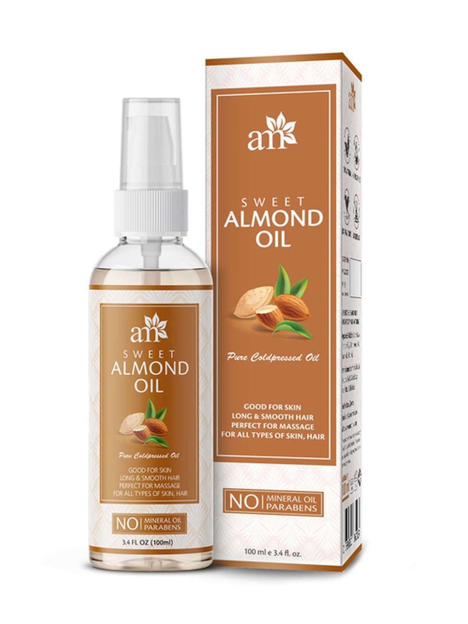 AromaMusk 100% Pure Cold Pressed Sweet Almond Oil for Massage Skin Under Eye & Hair - 100 ml