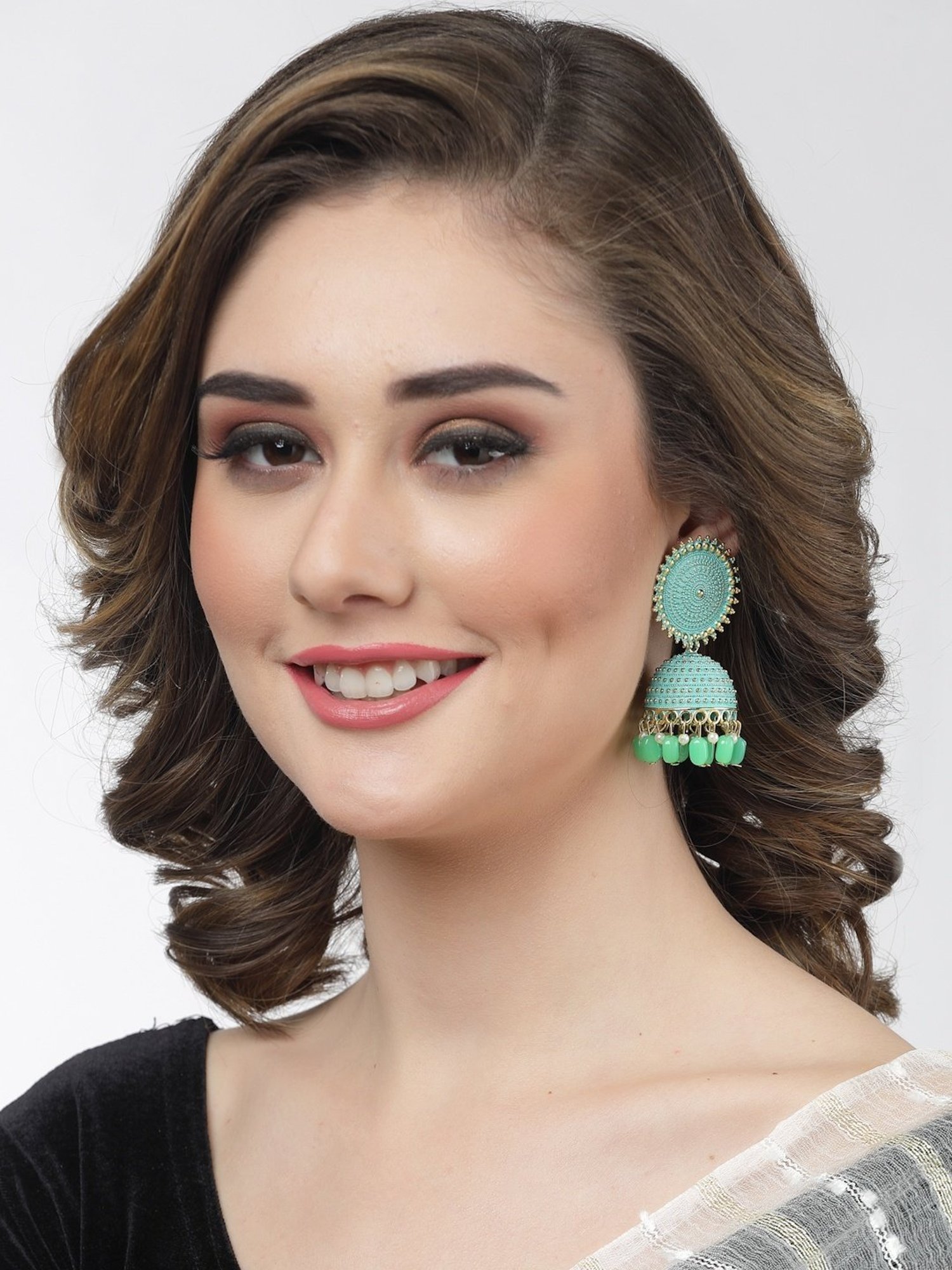 Moedbuille Handcrafted Meenakari Tasselled Floral Design Gold-Plated Antique Jhumki Earrings