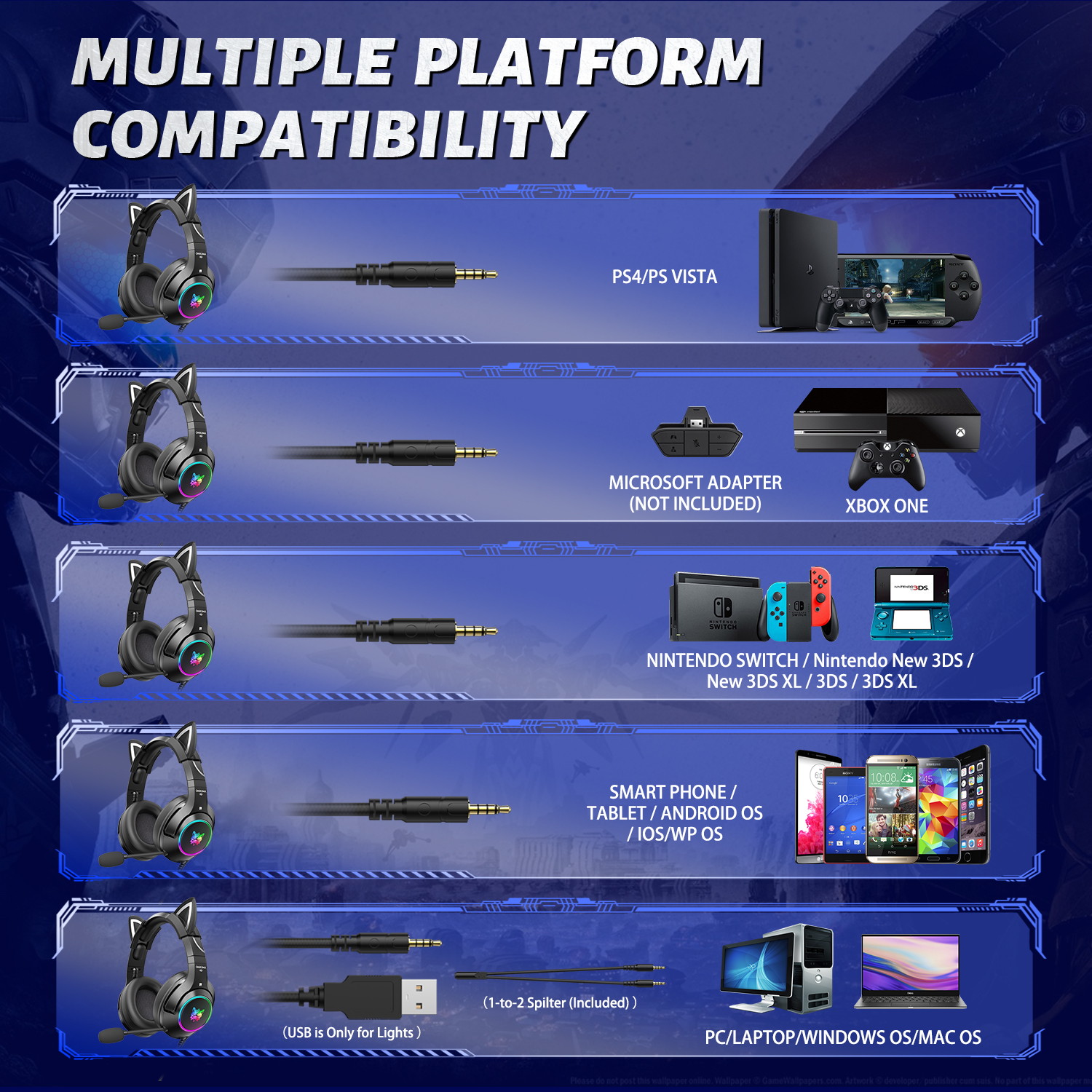 K9 Gaming Headset with Removable Cat Ears, for PS5, PS4, Nintendo Switch, PC, with Surround Sound, RGB LED Light & Noise Canceling Retractable Microphone