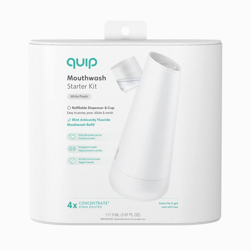 quip Plastic Refillable Mouthwash Starter Kit - Reusable Dispenser + Cup - 45-Use / 4x Concentrate / Mint Anticavity Fluoride Refill Included - White