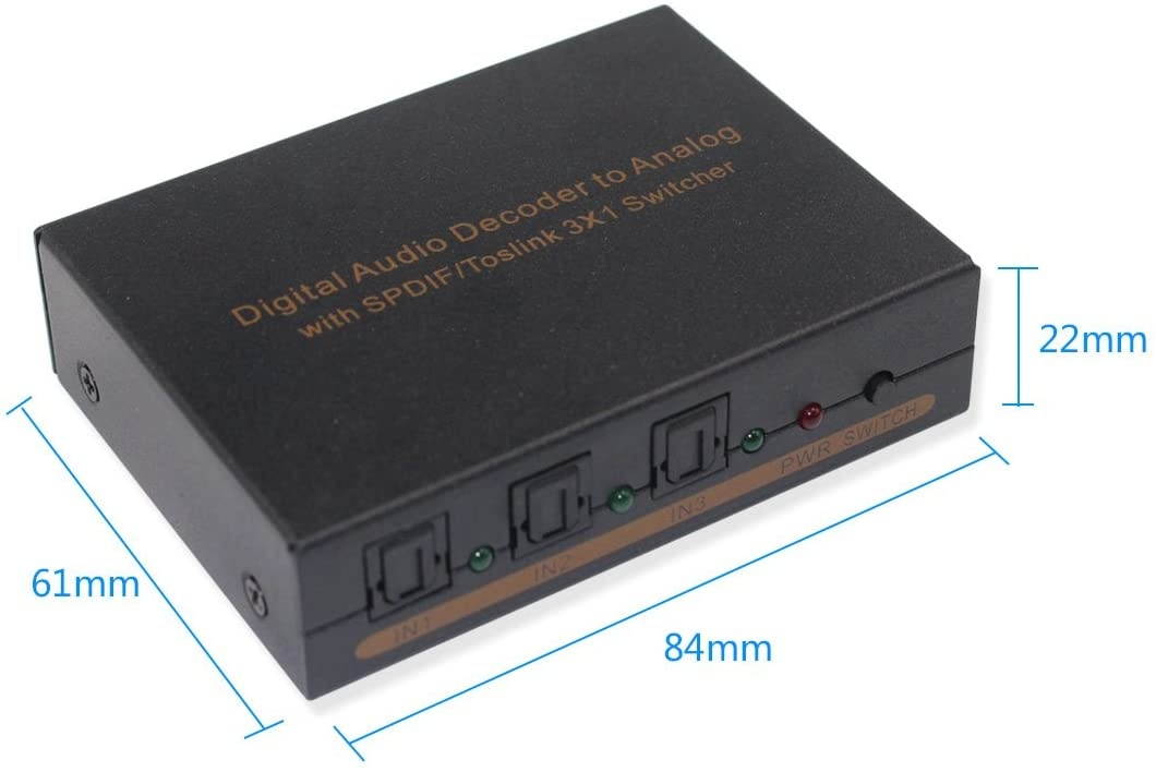 Digital to Analog Audio Decoder Converter with SPDIF/Toslink 3X1 Switch Support 5.1 Channel Audio SPDIF+L/R Headphones Audio
